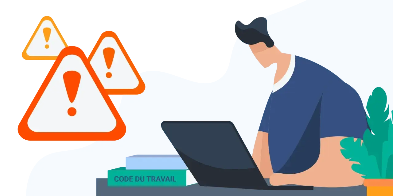 Personne travaillant sur un ordinateur portable, entourée de panneaux d'avertissement. Le livre "Code du Travail" est visible, soulignant le risque télétravail.