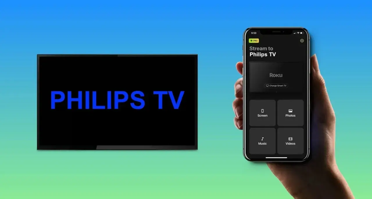 Klonowanie ekranu iPhone na Philips TV. Aplikacja pozwala strumieniować ekran, zdjęcia, muzykę i filmy.