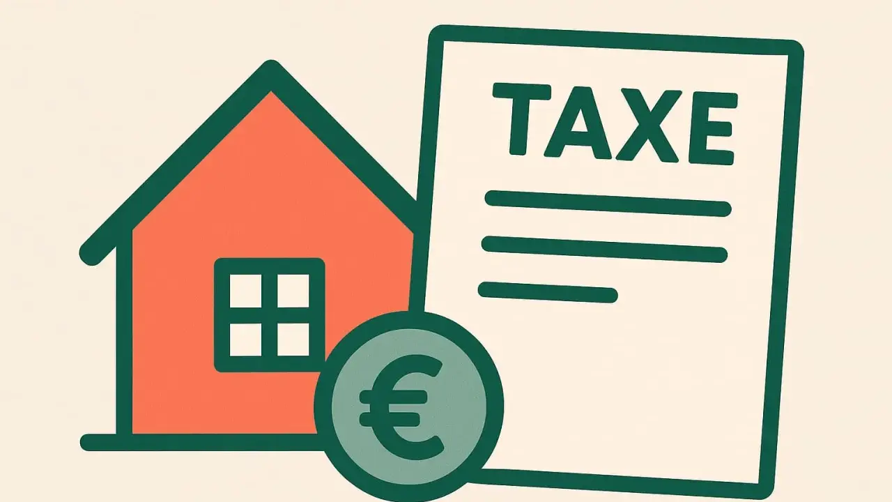 Maison, pièce de monnaie euro et document "TAXE". Illustration symbolisant la taxe foncière terrain nu.