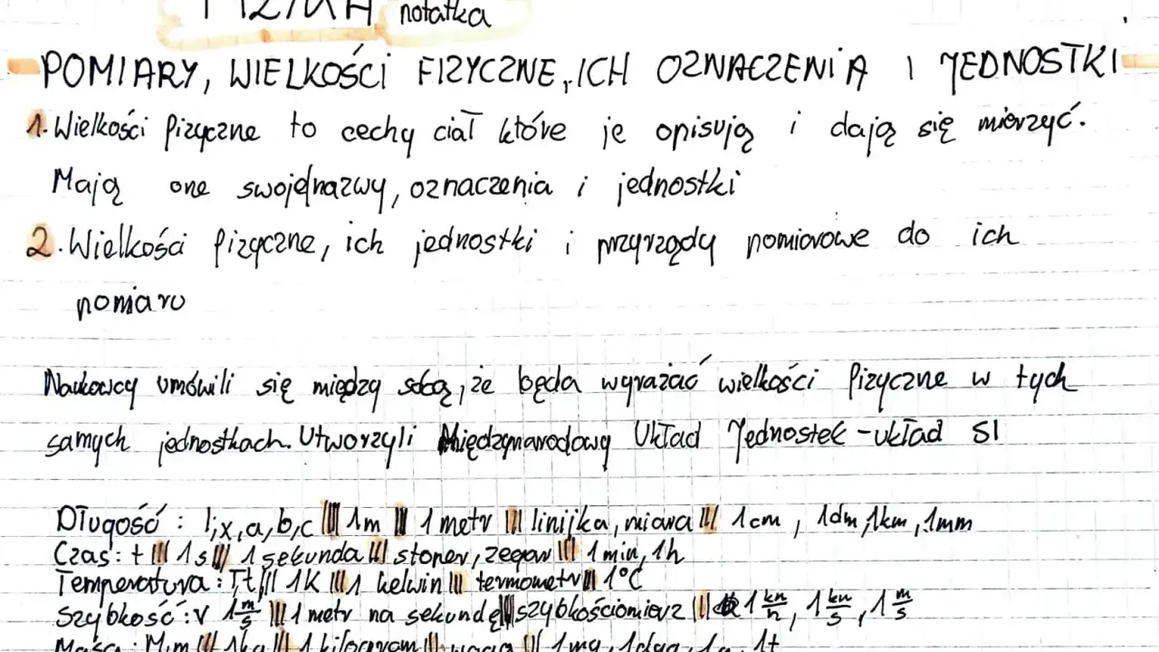 Notatki z fizyki: pomiary, wielkości fizyczne, jednostki. Szybkość mierzona w metrach na sekundę.