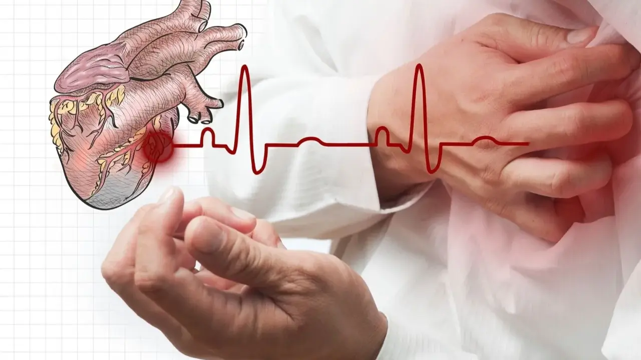 Ból lewej ręki może być objawem problemów z sercem. Rysunek serca i EKG na tle dłoni.