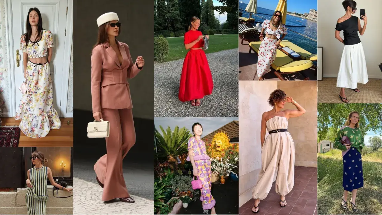 A collage of women in stylish, no suit wedding attire. Looks include floral maxi dresses, a pink pantsuit, a red ensemble, and a cherry-print outfit.