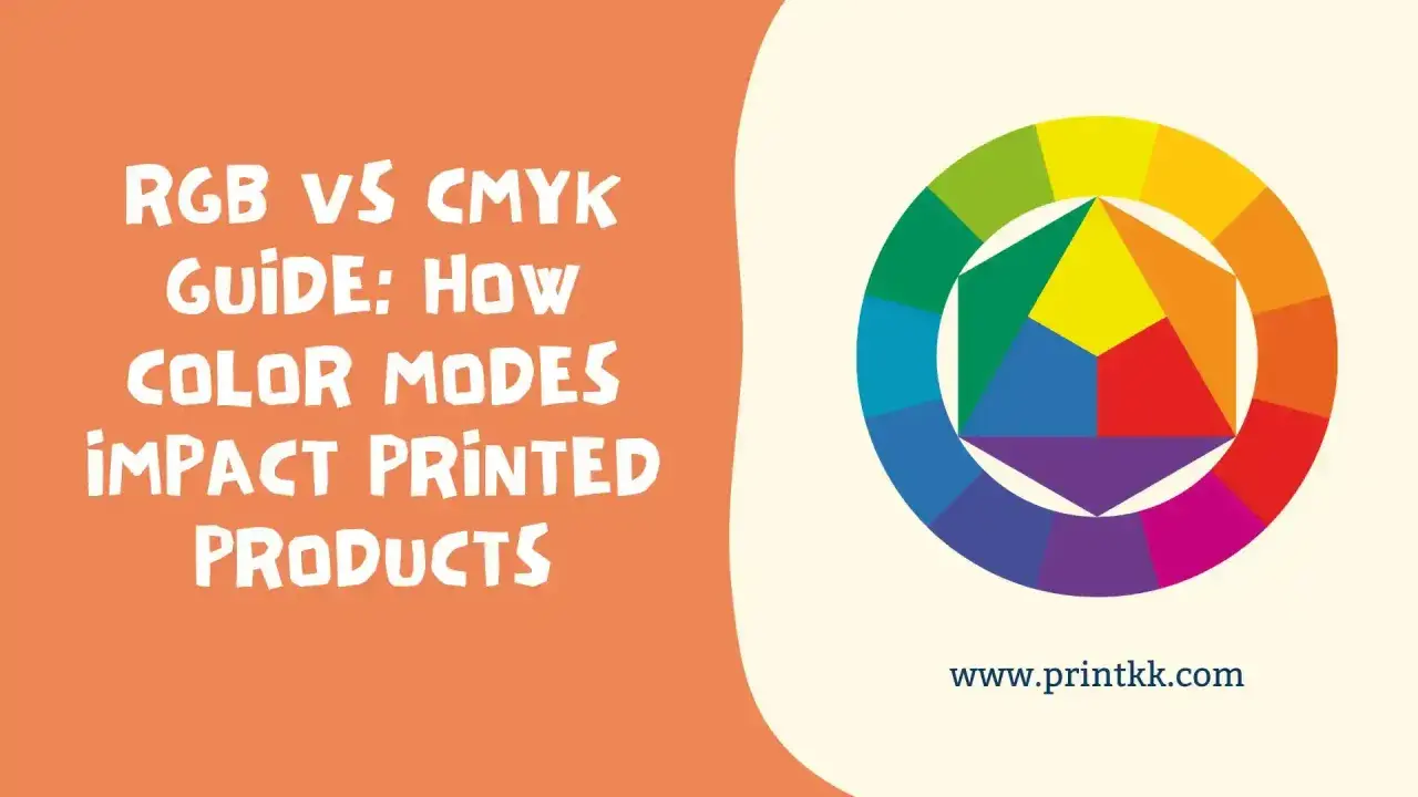 Guía: RGB vs CMYK, cómo los modos de color impactan productos impresos. Rueda de colores y texto.