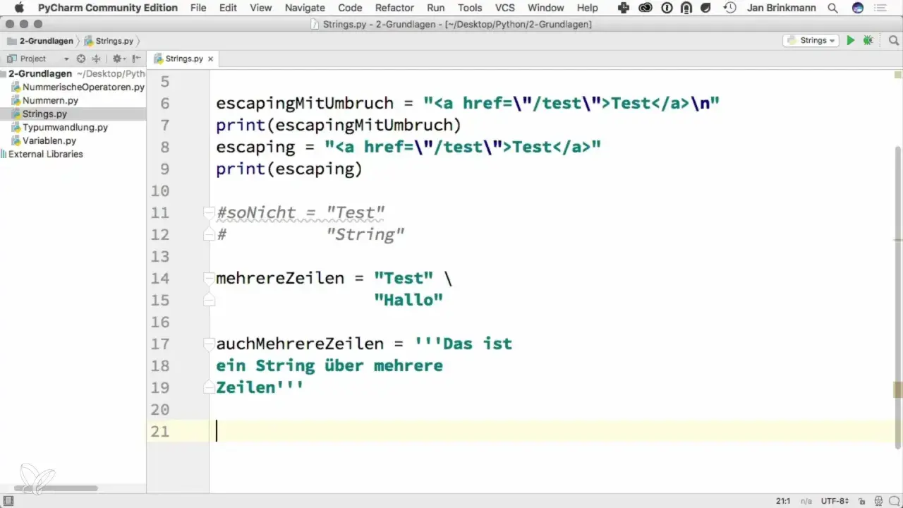 Python-Code zeigt, wie man mit `print` ohne Zeilenumbruch arbeitet, indem man Strings mit `\n` oder durch Aneinanderreihung erstellt.