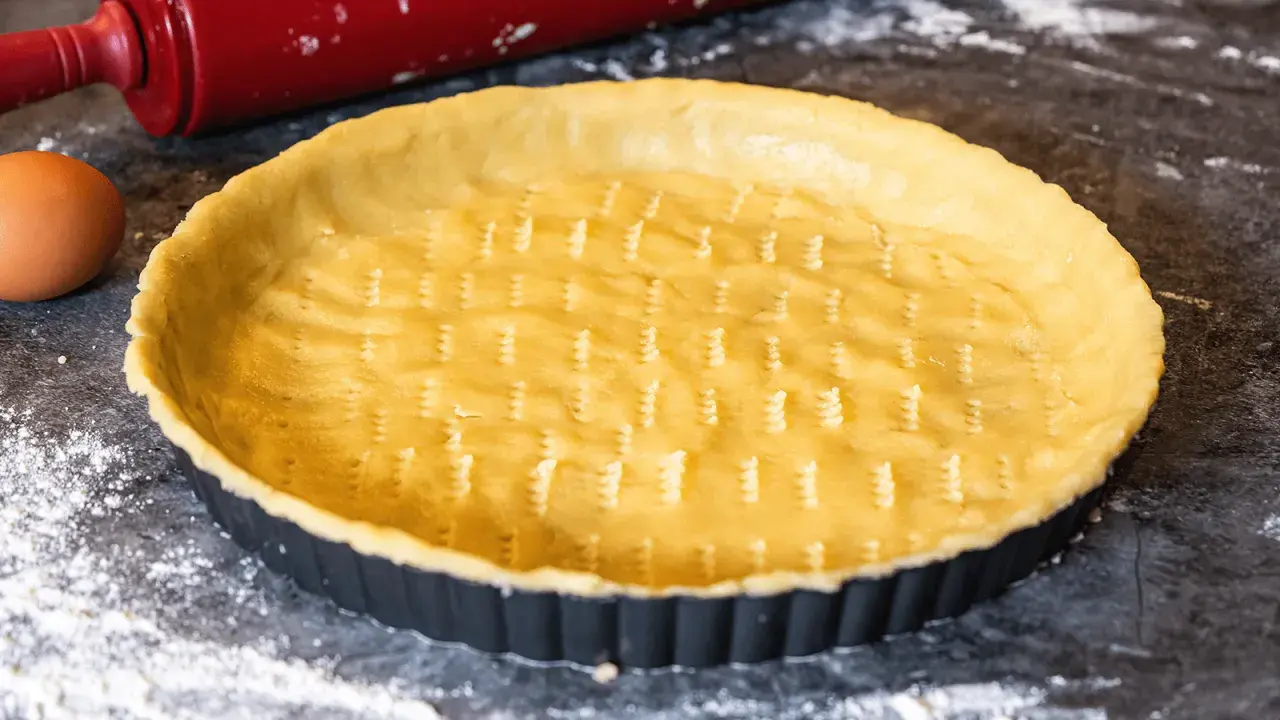 Pâte sablée prête à être cuite dans un moule à tarte. Parfait pour une recette biscuit sablé pour fond de tarte.