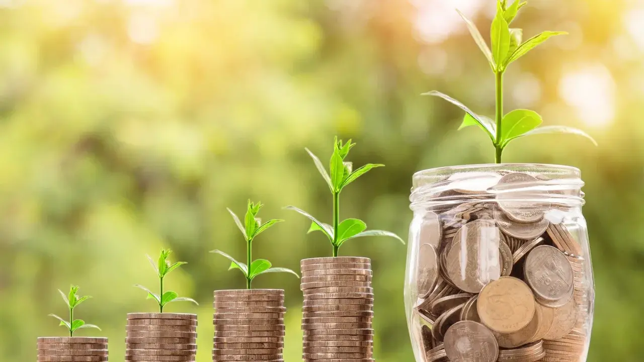 Plantas verdes crecen sobre pilas de monedas y un frasco lleno de ellas, simbolizando el crecimiento de las finanzas.