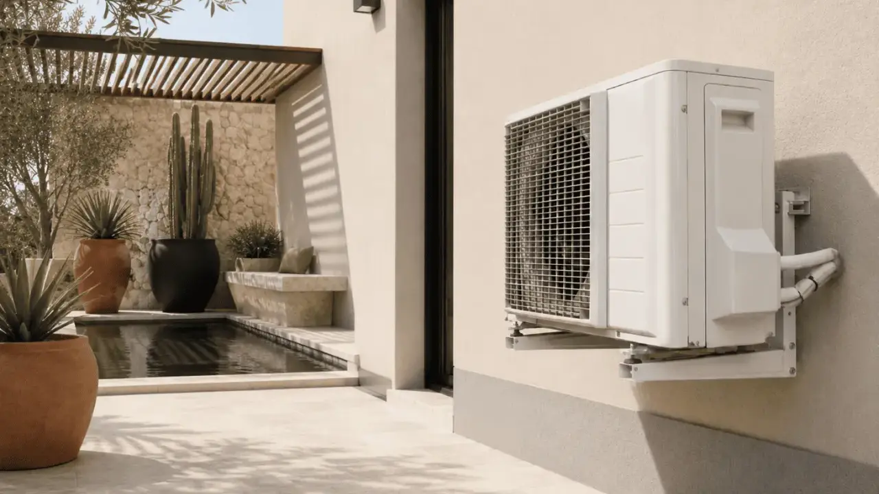 Unité extérieure d'une pompe à chaleur air air ou air eau, fixée sur un mur de maison, avec une piscine et des plantes en arrière-plan.