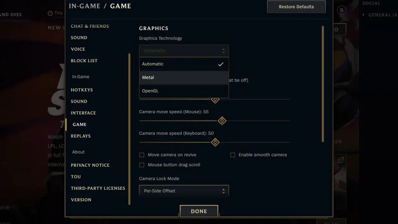 Ustawienia grafiki w League of Legends na Macu. Wybór technologii graficznej, prędkości kamery i trybu blokady kamery.