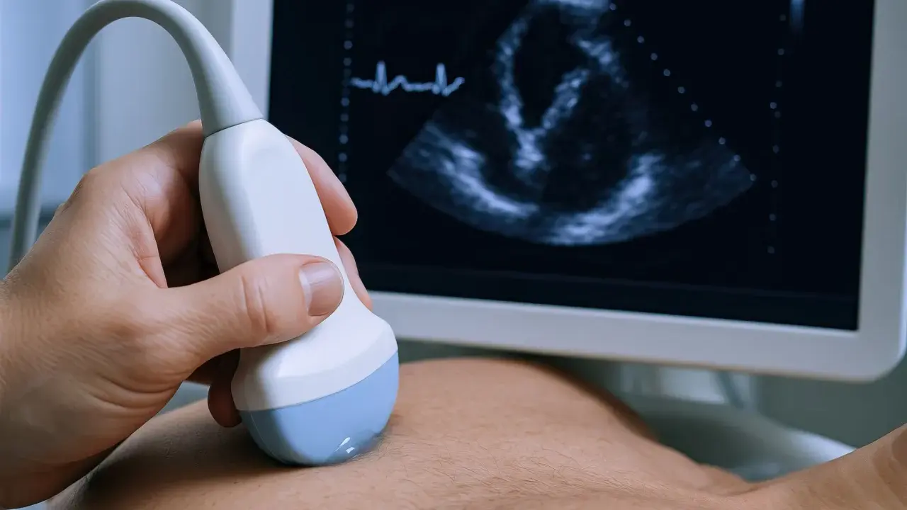 Dłoń trzyma sondę USG, która bada echo serca co wykrywa jego pracę. Na ekranie widać obraz serca i zapis EKG.