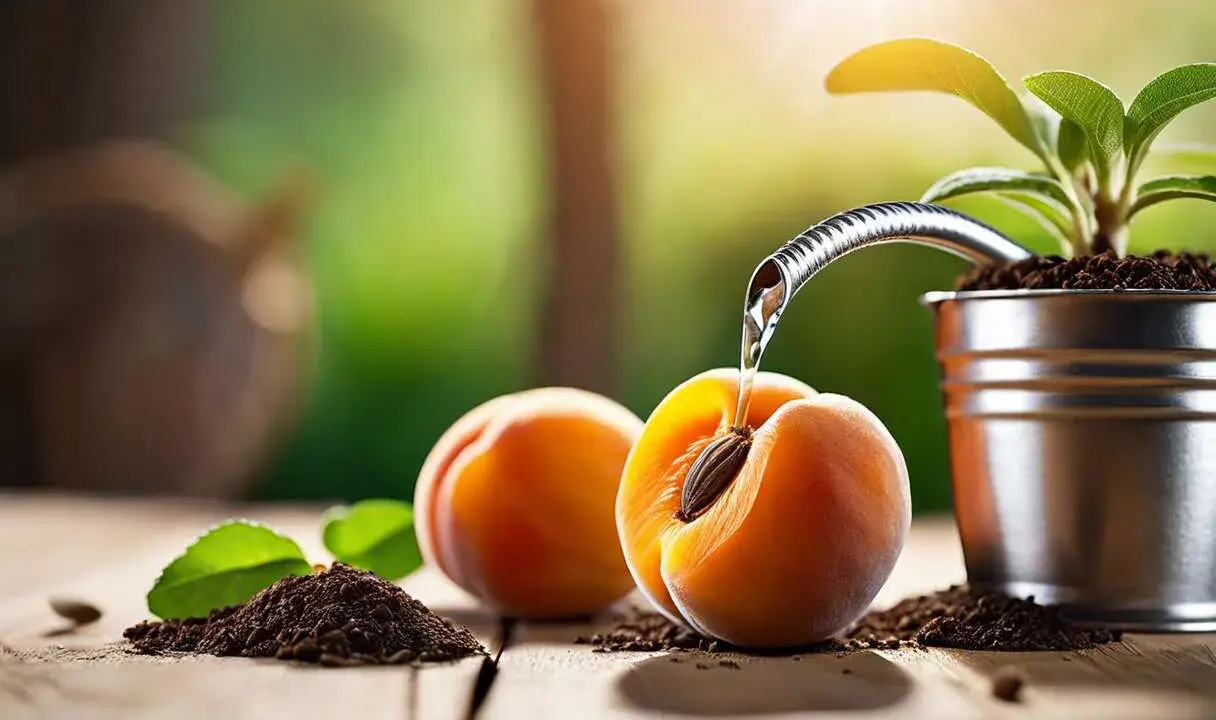 Un noyau d'abricot est arrosé, prêt à être planté. Une jeune pousse grandit dans un pot.