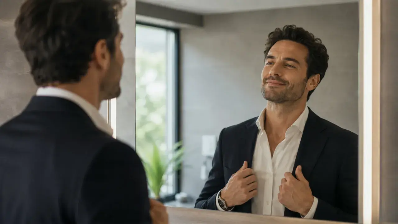 Uomo in giacca e camicia bianca si guarda compiaciuto allo specchio. Impara come comportarsi con un narcisista.