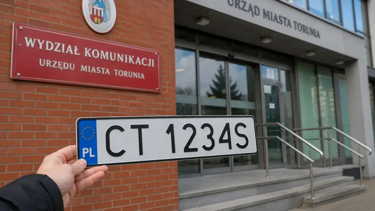 Tablica rejestracyjna CT 1234S przed Wydziałem Komunikacji Urzędu Miasta Torunia.