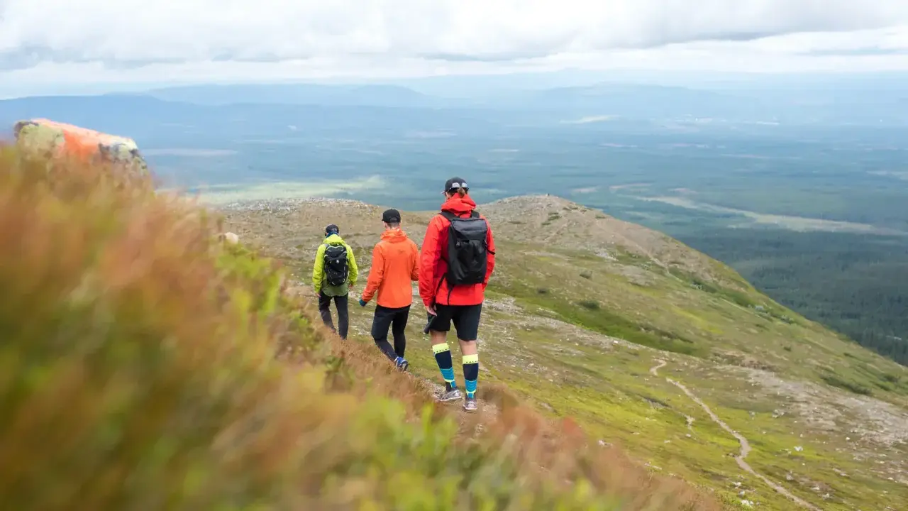 Tre vänner på vemdalen vandring njuter av den vidsträckta utsikten över skogar och berg under en molnig himmel.