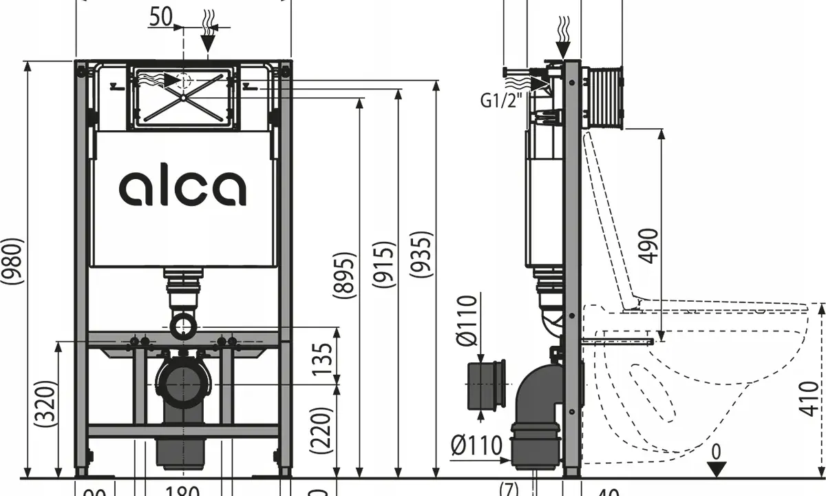 Schemat techniczny stelaż podtynkowy WC Alca z wymiarami: wysokość 980 mm, szerokość 510 mm, głębokość regulowana 125-250 mm.