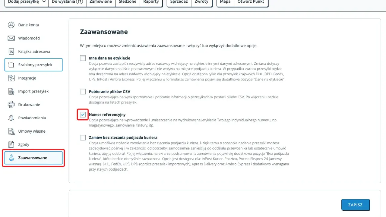 Ustawienia zaawansowane: numer zwracanej paczki gdzie jest, opcja numeru referencyjnego zaznaczona.