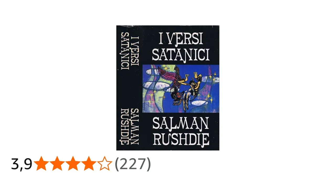 Copertina del libro "I versi satanici" di Salman Rushdie, con un'illustrazione astratta e figure stilizzate.
