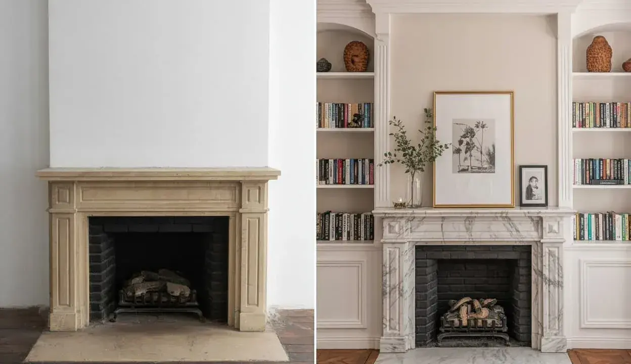 Avant/après : une cheminée ancienne transformée avec une décoration élégante, des étagères remplies de livres et une œuvre d'art.