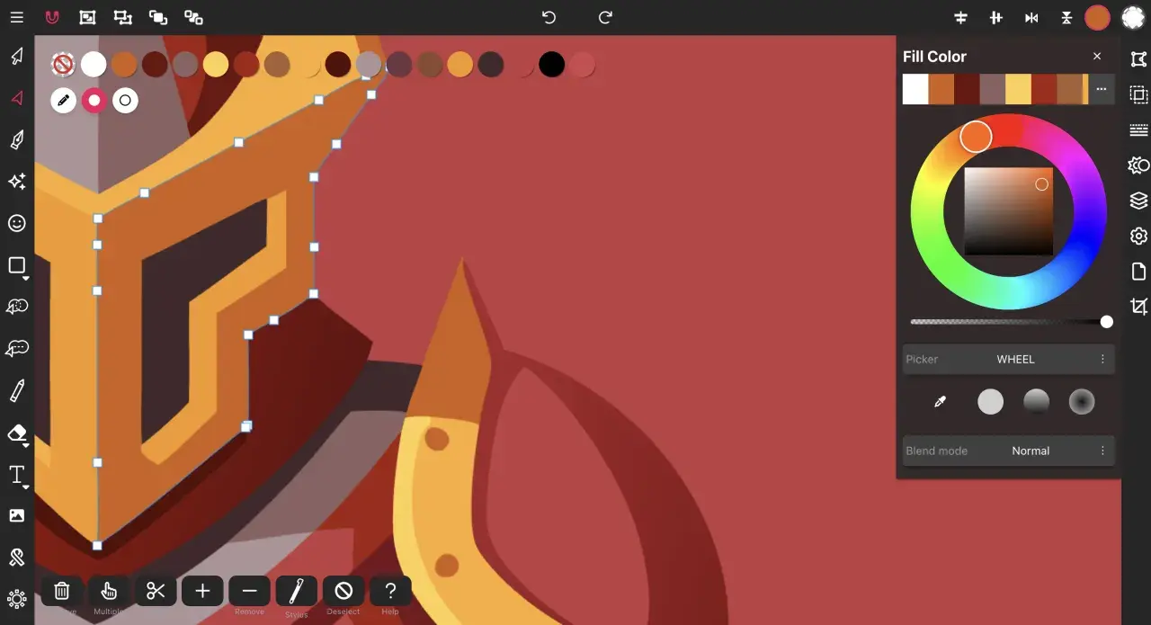 Interfaz de diseño gráfico mostrando cómo se vectoriza una imagen, con herramientas de color y selección activas.
