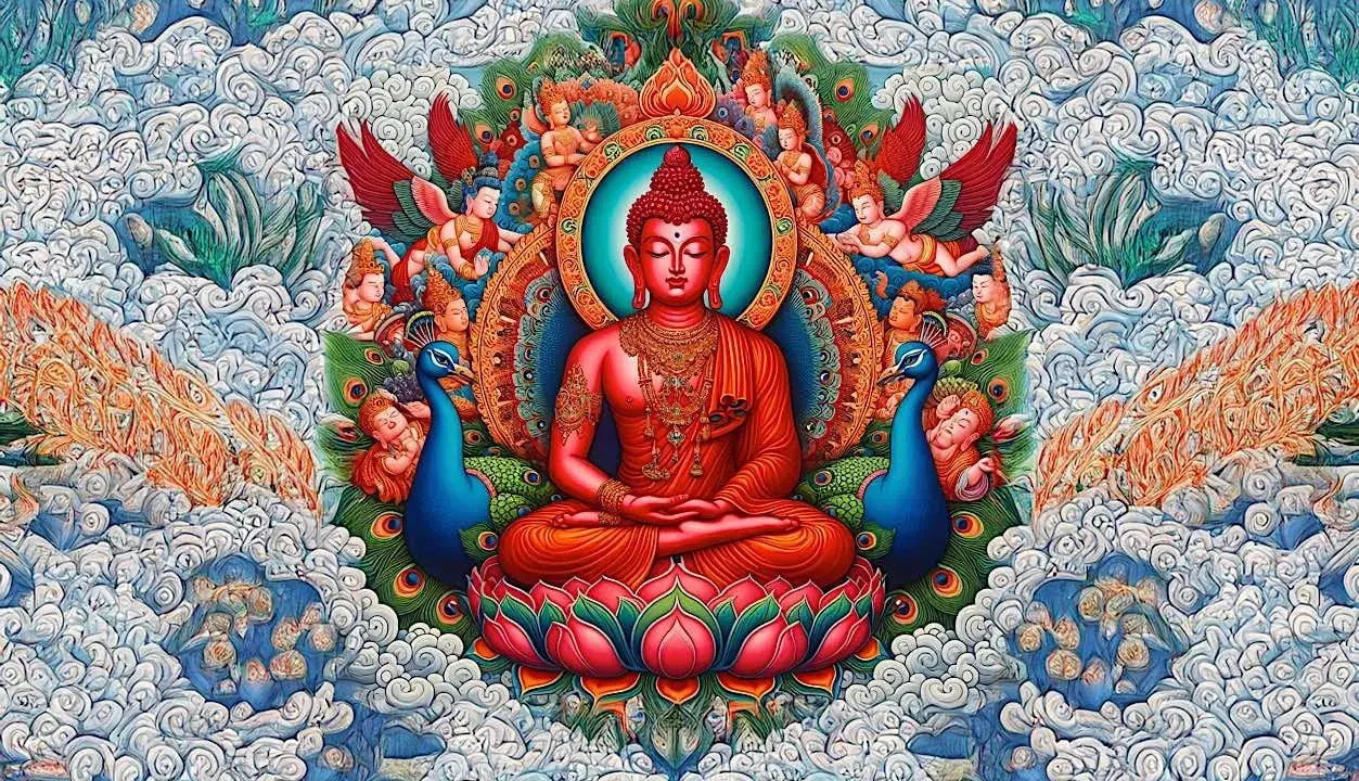 En röd Amitabha Buddha sitter i lotusställning, omgiven av påfåglar, änglar och moln i en livlig, detaljerad konststil.