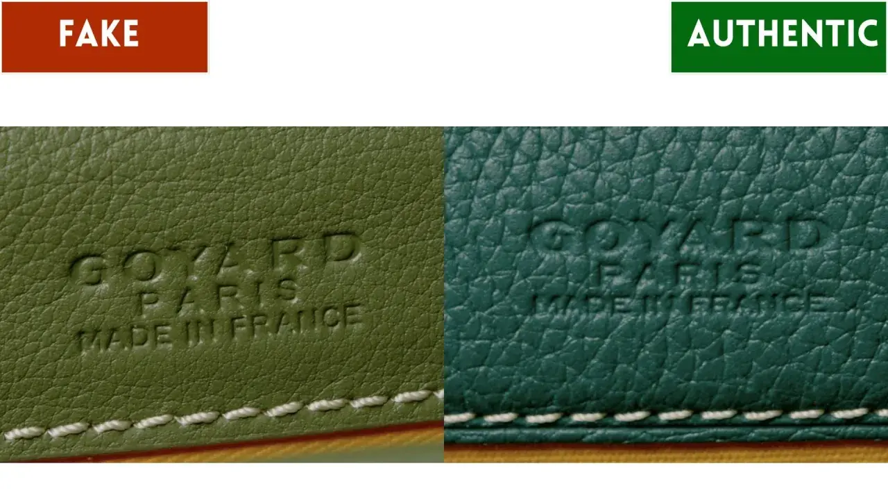 Nahaufnahme von Goyard-Prägungen auf Leder. Links "FAKE" (grün), rechts "AUTHENTIC" (türkis). So können Sie **Goyard fake erkennen**.