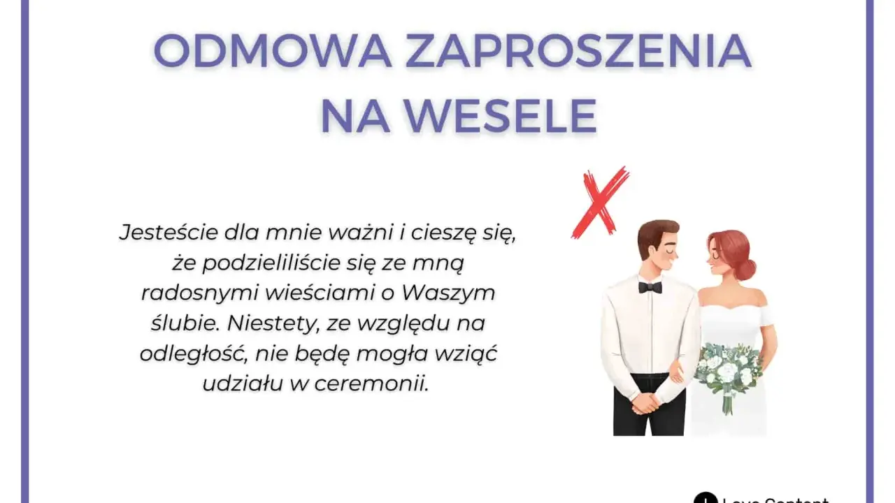 Podziękowanie za zaproszenie i odmowa przybycia na wesele z powodu odległości. Para młoda, czerwony krzyżyk.