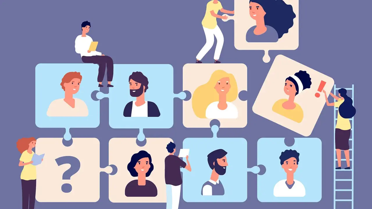 Menschen fügen Puzzleteile mit Porträts zusammen. Ein Fragezeichen deutet auf den Wandel der Arbeitswelt, Beispiele für neue Teamkonstellationen.