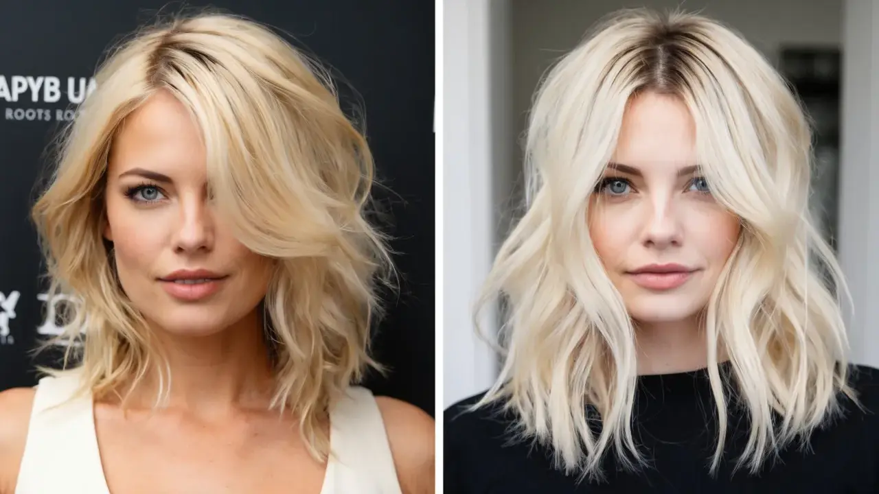 Zwei Porträts einer Frau mit blonden Haaren. Auf der linken Seite sind ihre Haare heller geworden, mit einem deutlichen Unterschied zu den dunkleren Ansätzen.