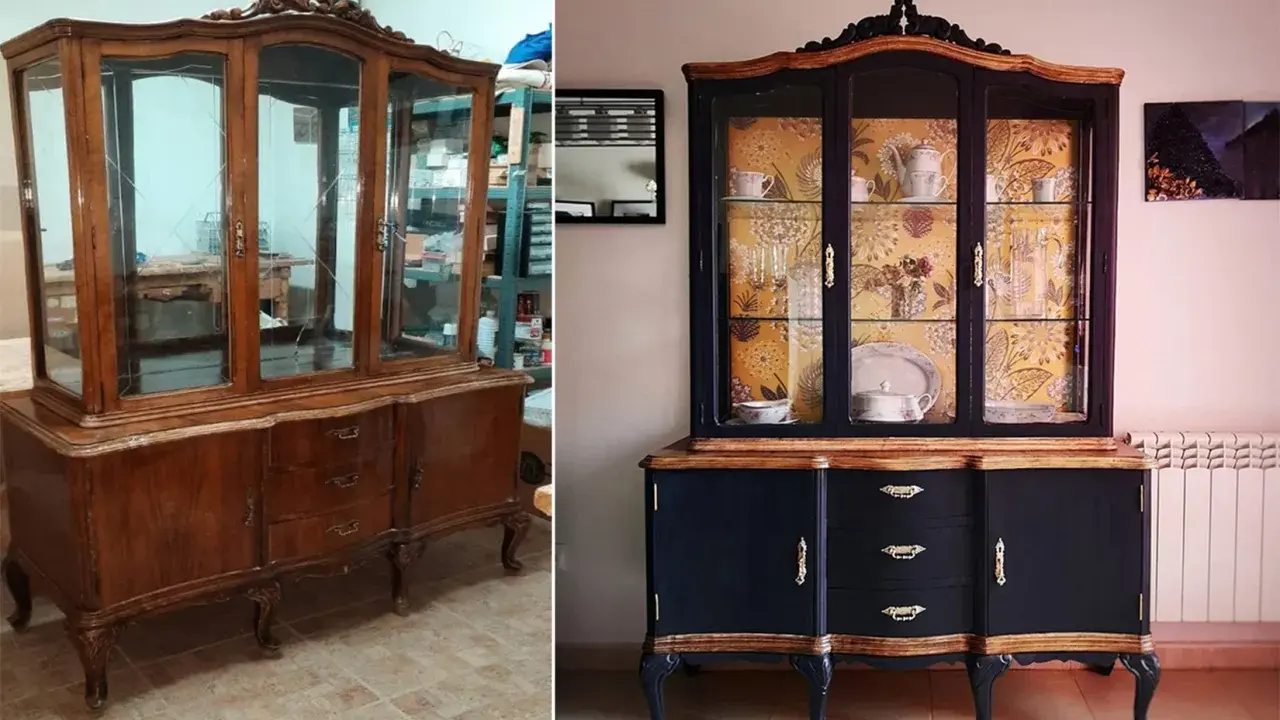 Transformación de un mueble antiguo de madera: antes, un aparador oscuro; después, pintado de azul marino con detalles dorados y papel tapiz floral.