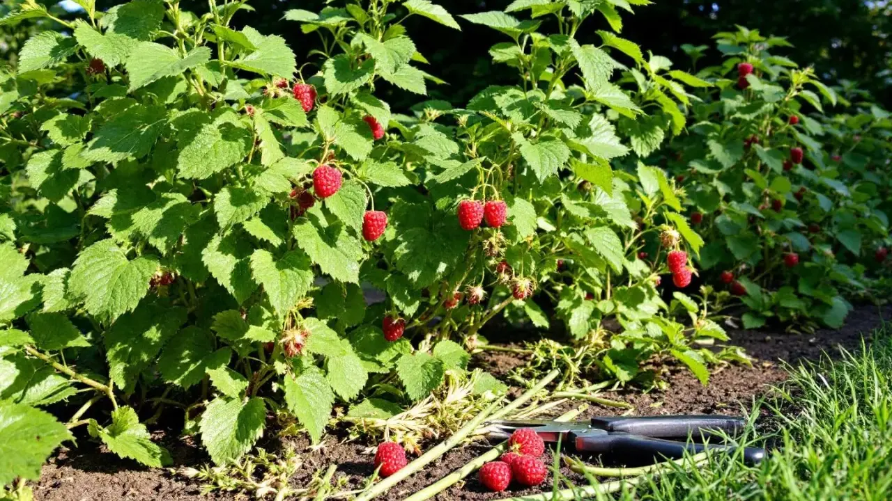 Un pied de framboisier bien garni de fruits rouges mûrs, prêt pour la récolte. Des ciseaux de jardinage sont posés à côté.