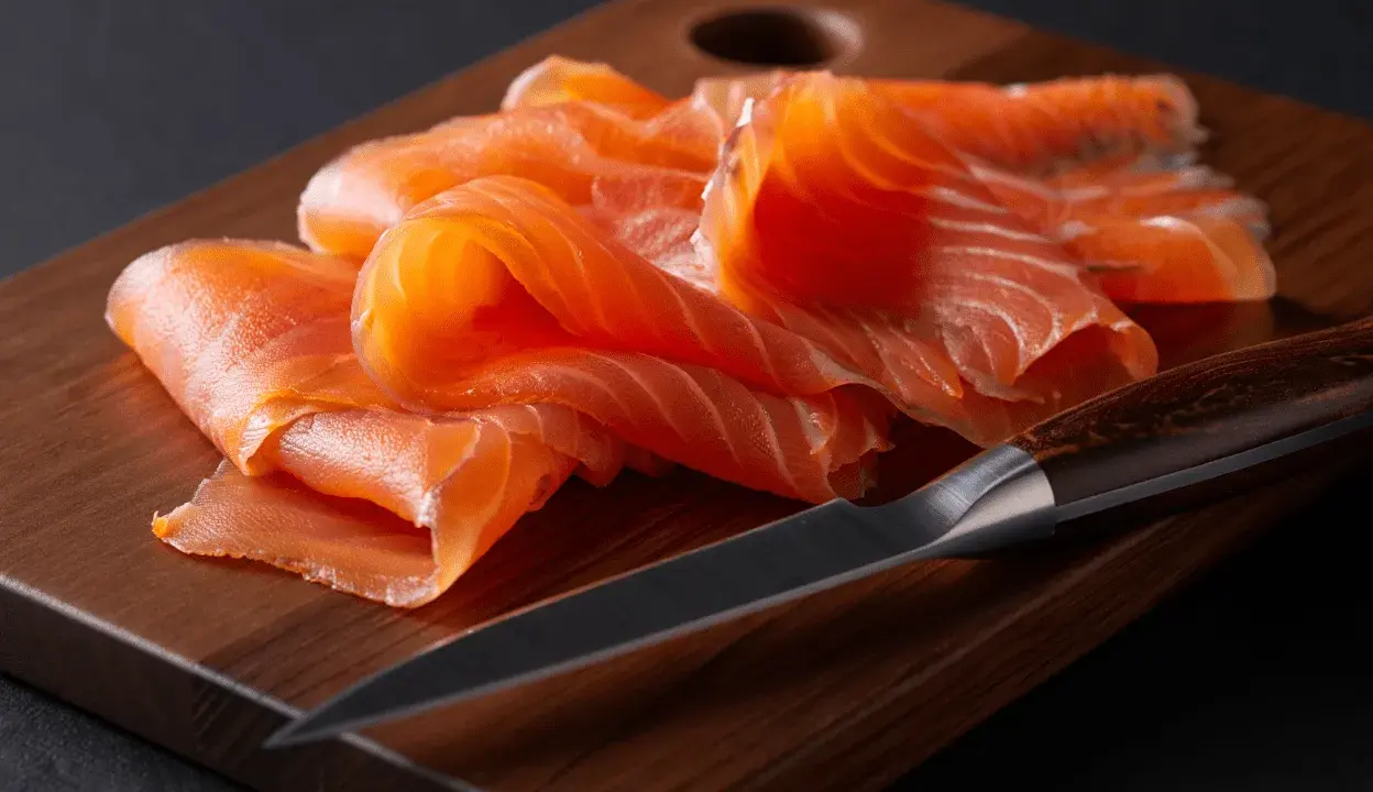 Finas lonchas de salmón ahumado, listas para disfrutar, reposan sobre una tabla de madera junto a un cuchillo afilado.