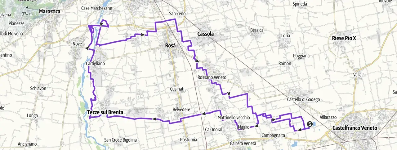 Percorso ciclabile nel Veneto, con tappe a Marostica, Tezze sul Brenta e Castelfranco Veneto. Un itinerario ideale per un'avventura in veneto gravel gpx.