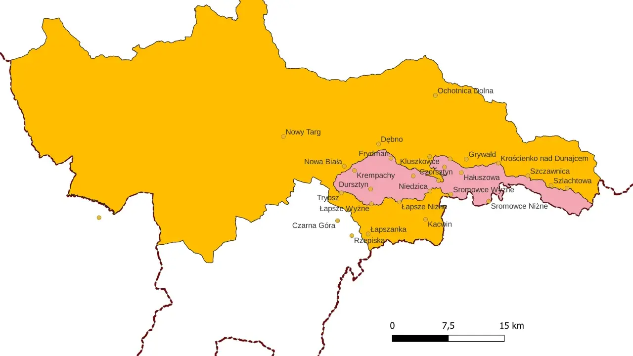 Mapa Pienin, pokazująca granice województwa i miejscowości takie jak Nowy Targ, Krościenko nad Dunajcem, Sromowce Niżne.