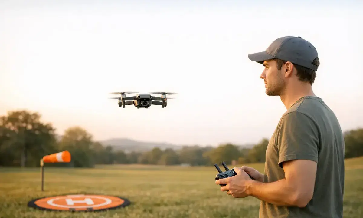 Mann mit Fernbedienung steuert Drohne im FPV-Fliegen über einem Feld mit Landeplatz.
