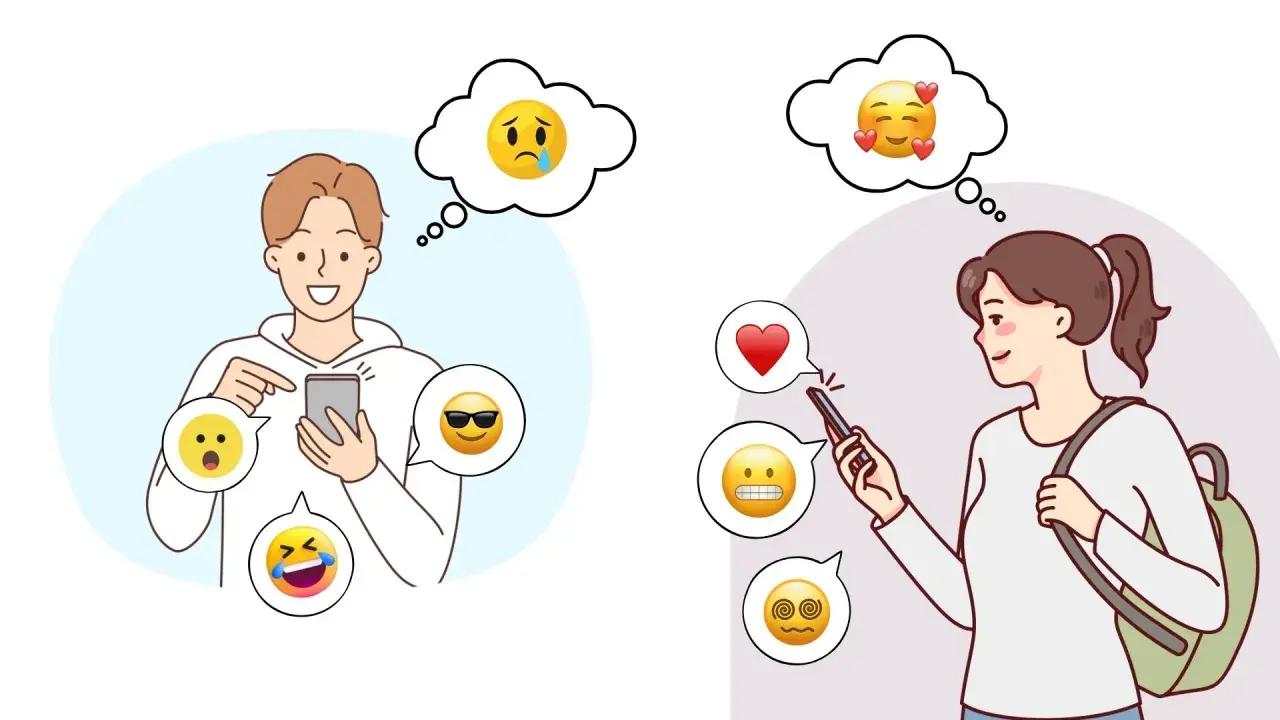 En kille och en tjej använder sina mobiler. Deras tankebubblor visar olika emojis, från glädje till förvirring. Kanske funderar de på vad skam betyder i digital kommunikation.