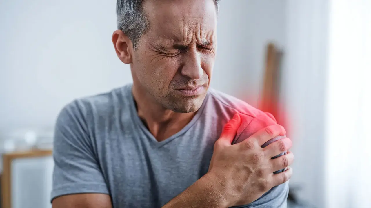 Mann mit schmerzender Schulter, die auf ein Impingement-Syndrom hindeutet, möglicherweise verschlimmert durch die Schlafposition.
