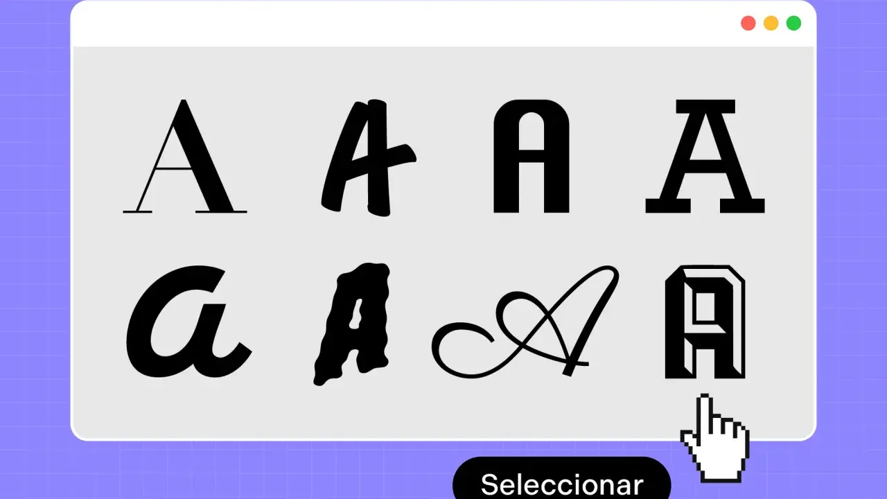 Variedad de tipografías imprenta, desde clásicas hasta modernas, en un menú de selección.