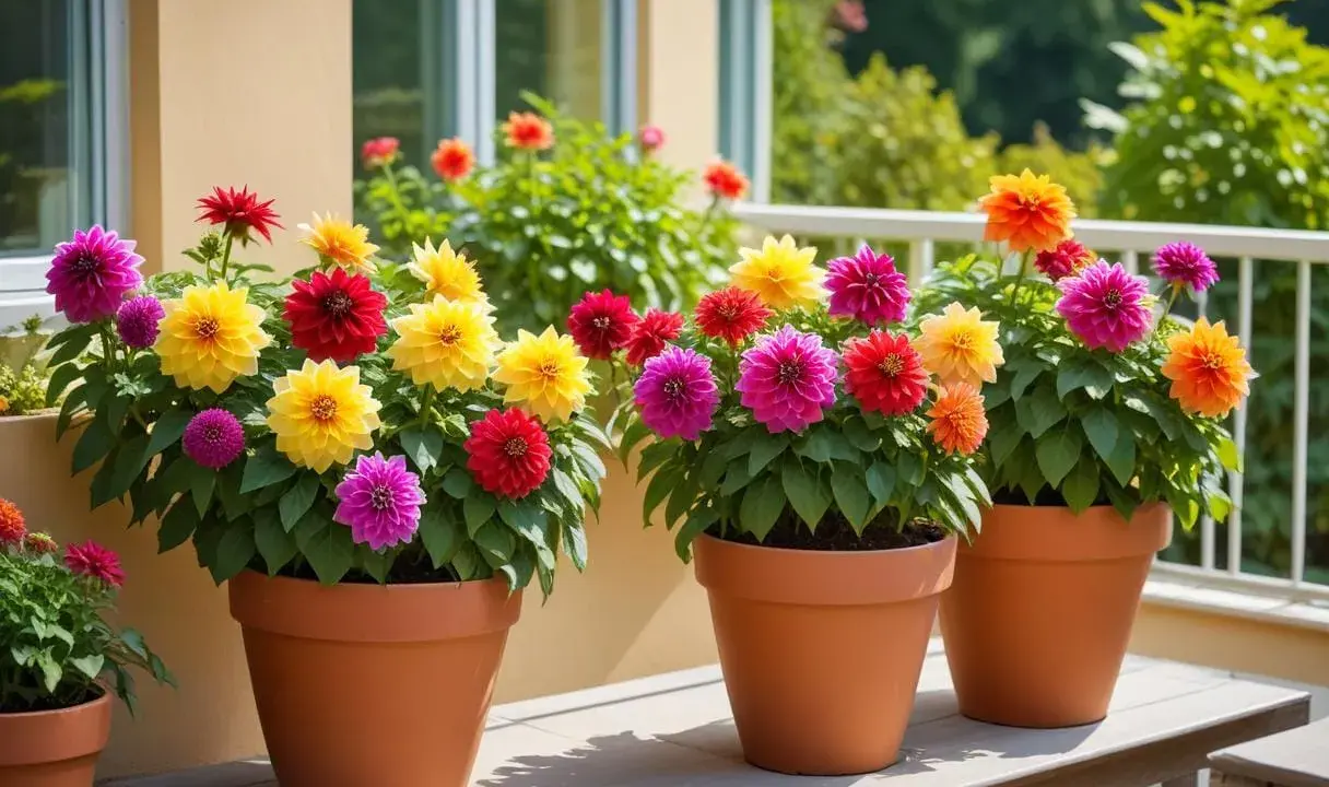 Färgglada dahlior i krukor på en altan. En vacker samplantering av dahlia i kruka som lyser upp i sommarvärmen.