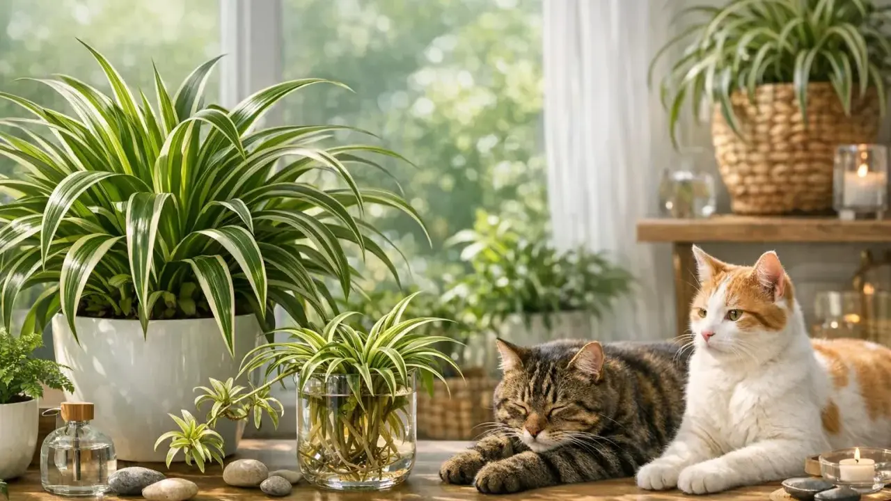 Deux chats se prélassent près de plantes d'intérieur, dont un chlorophytum, connu pour être non toxique pour les chats.