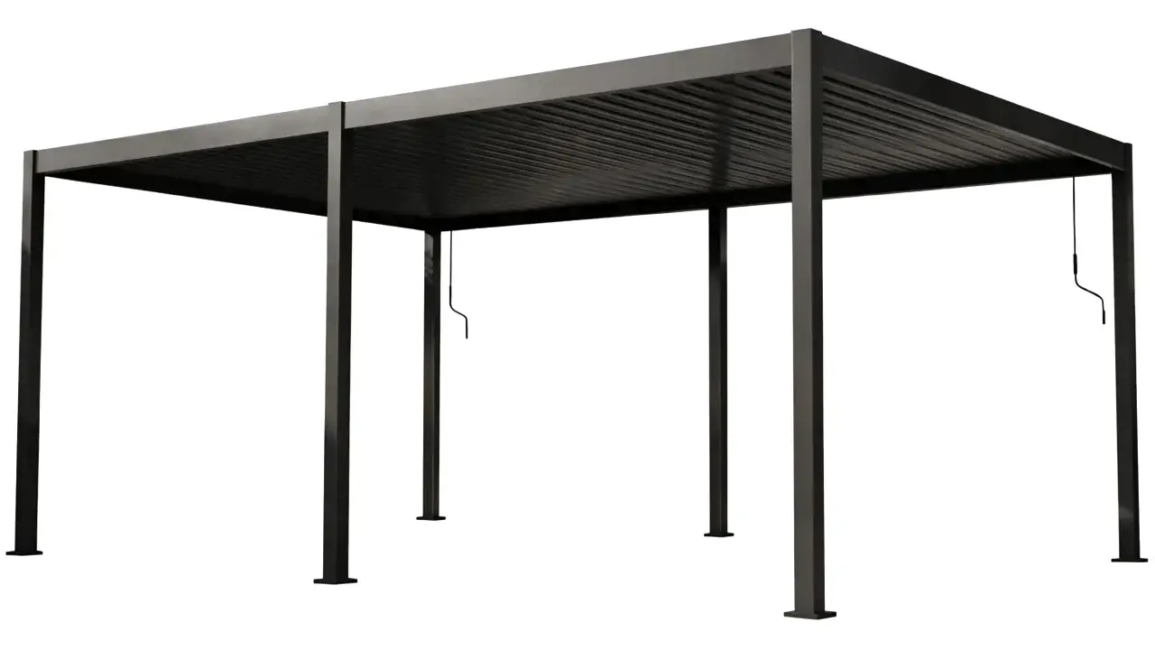 Nowoczesna, ciemnoszara pergola z metalu, z zadaszeniem z lameli.
