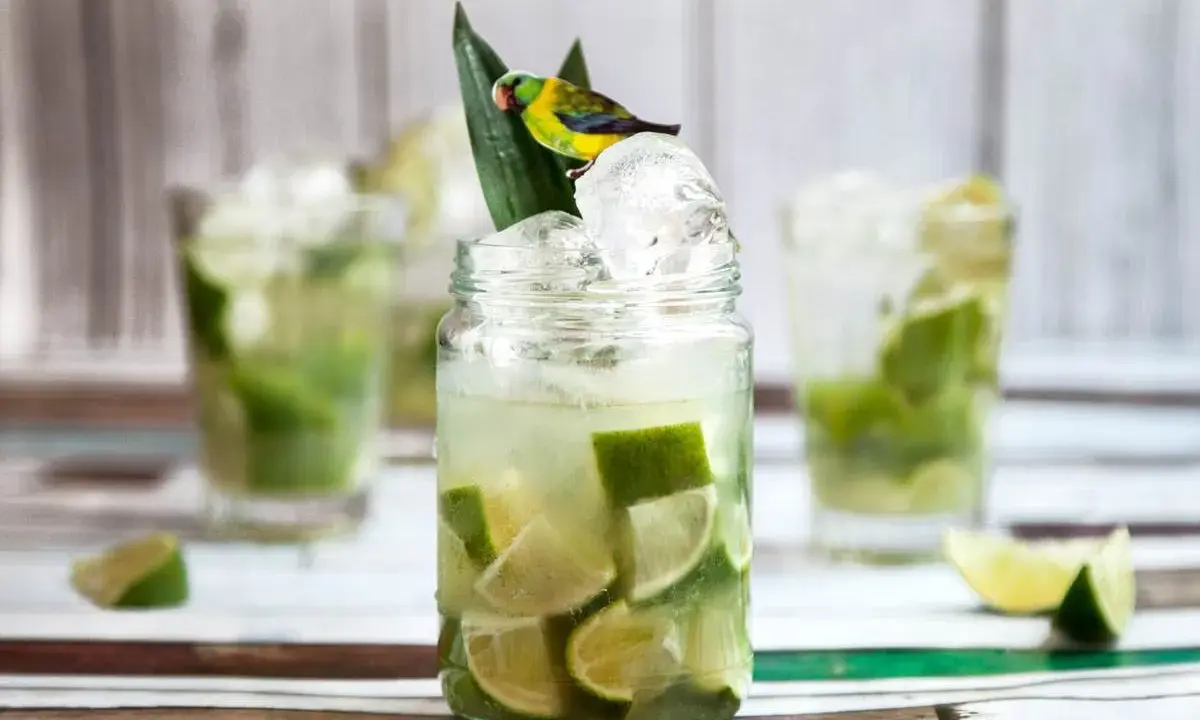 En härlig caipirinha med lime och is, dekorerad med en liten papegoja. Perfekt för ett somrigt caipirinha recept.