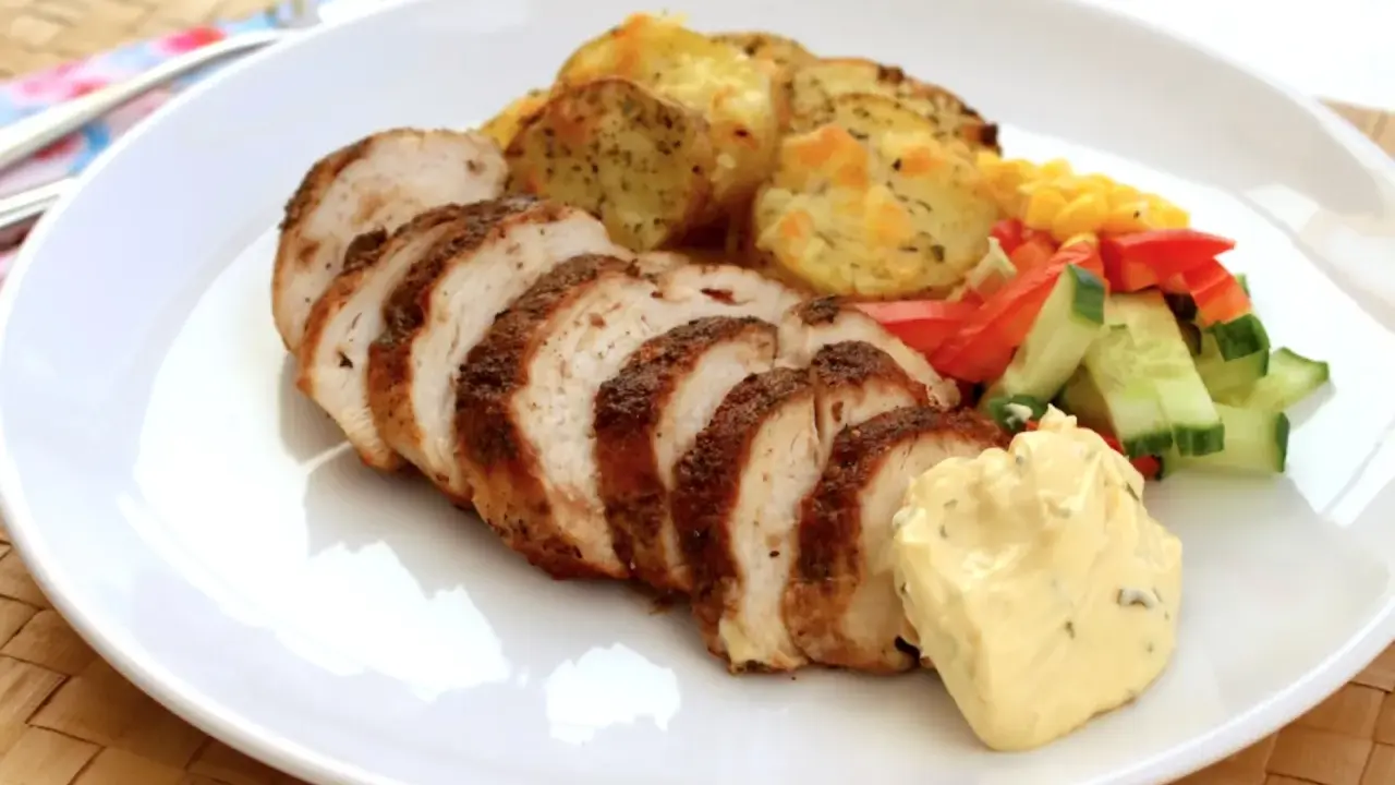 Skivad kycklingfilé i ugn, perfekt tillagad med krispiga potatisskivor, färsk sallad och en klick krämig sås.