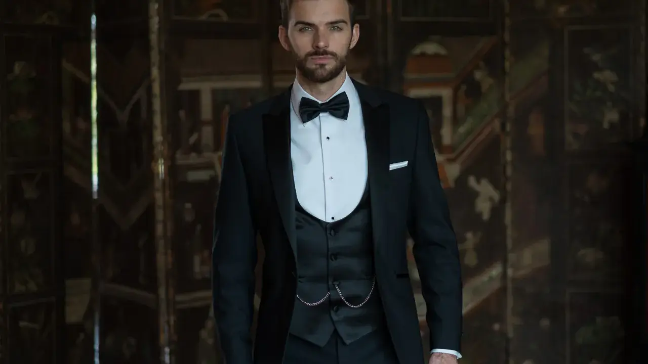 A dapper man in a black suit wedding guest attire, complete with a bow tie and waistcoat, stands confidently.