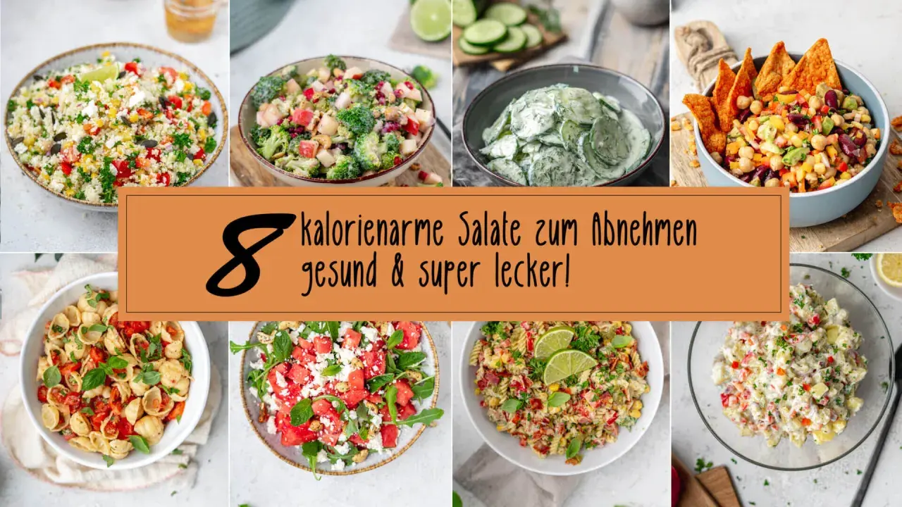 8 leckere, kalorienarme Salate zum Abnehmen: Couscous, Brokkoli, Gurke, Bohnen, Pasta, Wassermelone, Kartoffeln und mehr.