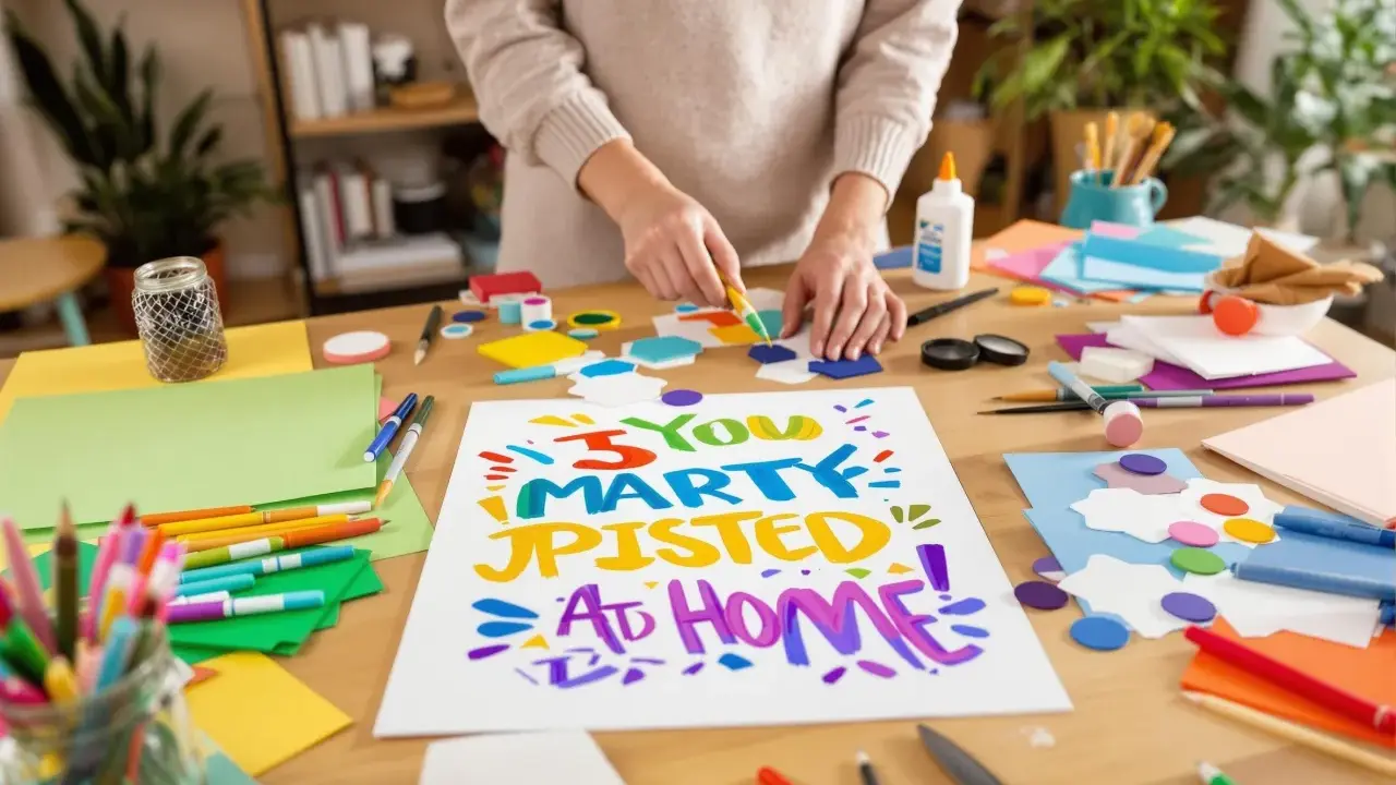 Kolorowy plakat z napisem "You Marty Pisted At Home!" tworzony jest na stole pełnym materiałów plastycznych. Widać kredki, pisaki, nożyczki i klej.