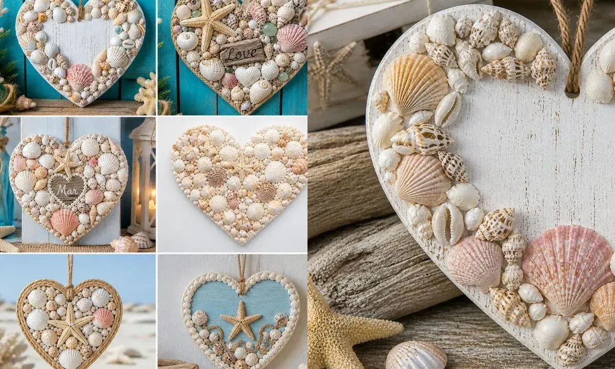 Plusieurs cœurs décoratifs faits main, ornés de coquillages et d'étoiles de mer, parfaits pour une décoration thème mer à faire soi-même.