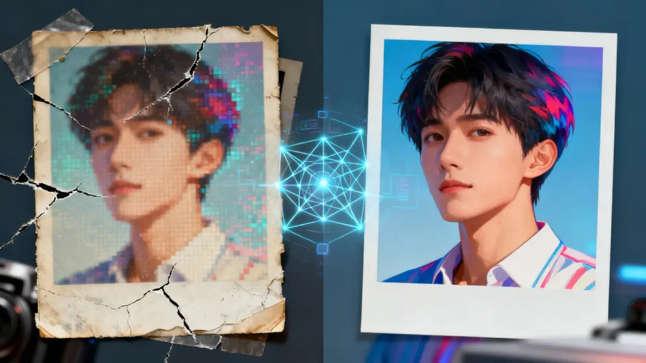 Una imagen ai transforma una foto antigua y pixelada de un joven en una versión nítida y vibrante, mostrando el poder de la tecnología.