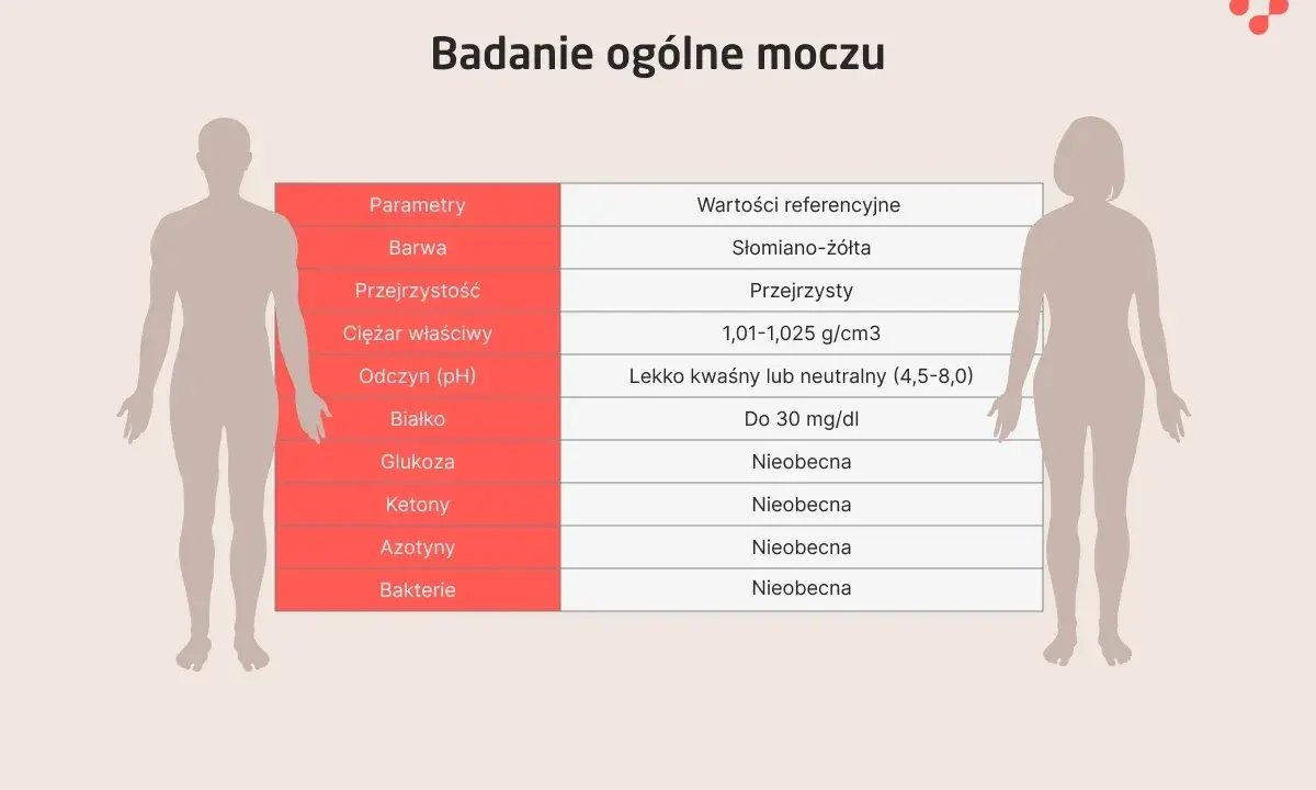 Tabela z wynikami badania ogólnego moczu: parametry, wartości referencyjne, barwa, przejrzystość, ciężar właściwy, odczyn, białko, glukoza, ketony, azotyny, bakterie.