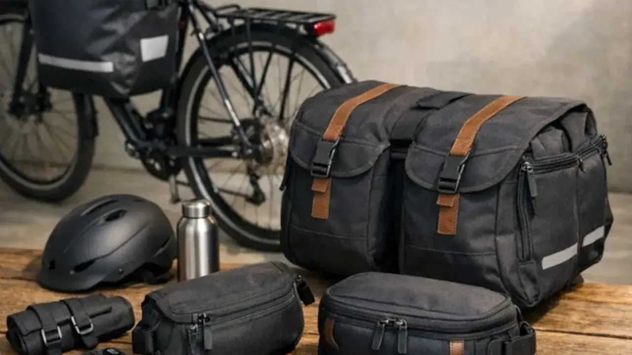Rowerzysta przygotowuje się do wyprawy, wybierając jakie sakwy rowerowe zabrać. Na stole leżą czarne torby, kask i bidon.