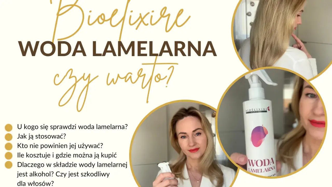 Woda lamelarna Bioélixire: poznaj jej efekty, zastosowanie i skład. Kobieta prezentuje produkt i odpowiada na pytania dotyczące pielęgnacji włosów.
