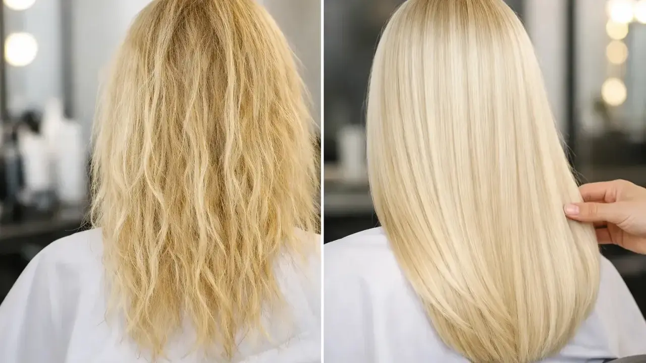 Prima e dopo: capelli decolorati, crespi e spenti trasformati in una chioma liscia, luminosa e sana.
